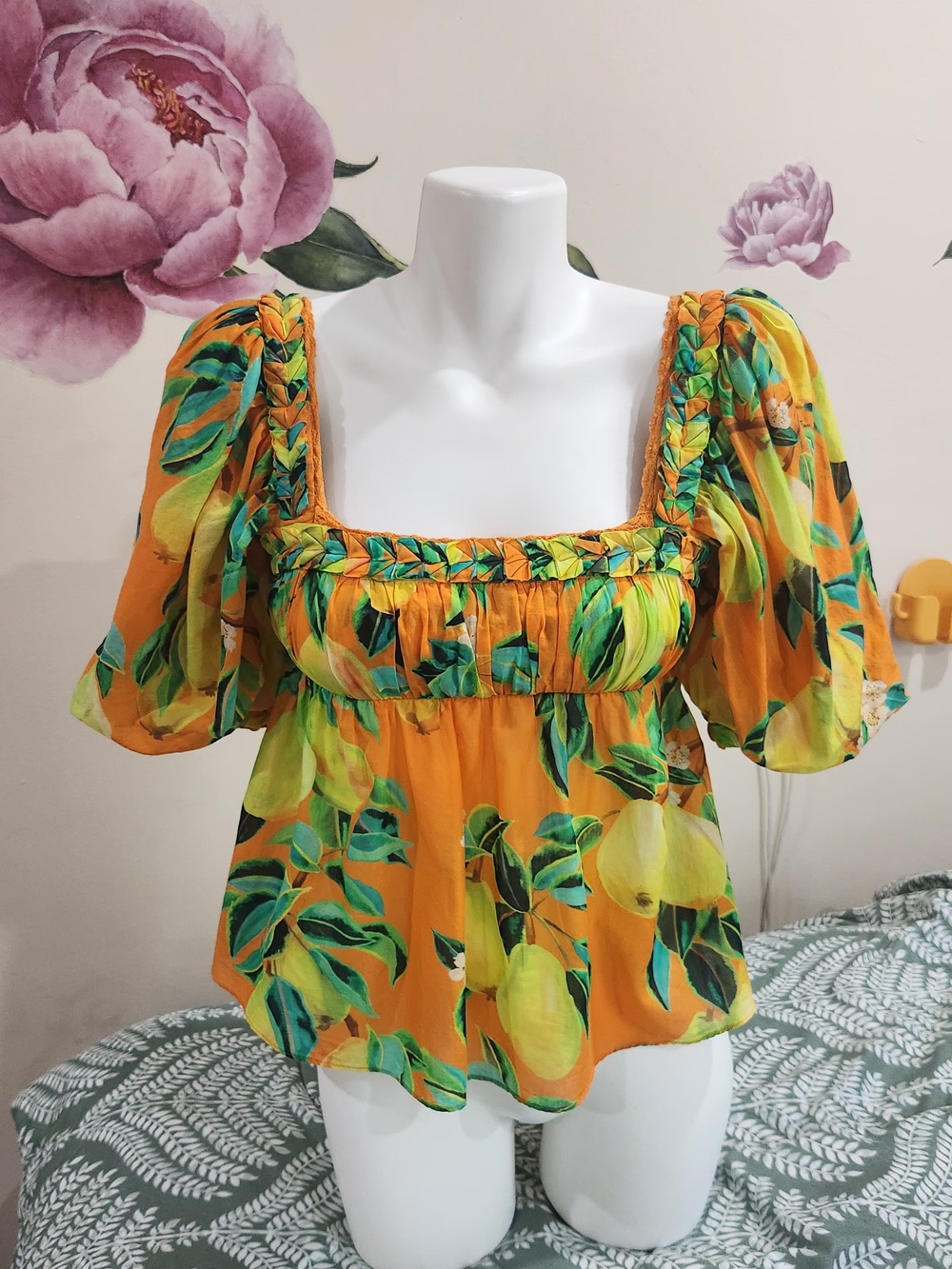 Orange Lemon-Print Peasant Blouse Farm Rio  - Womens Size Xs